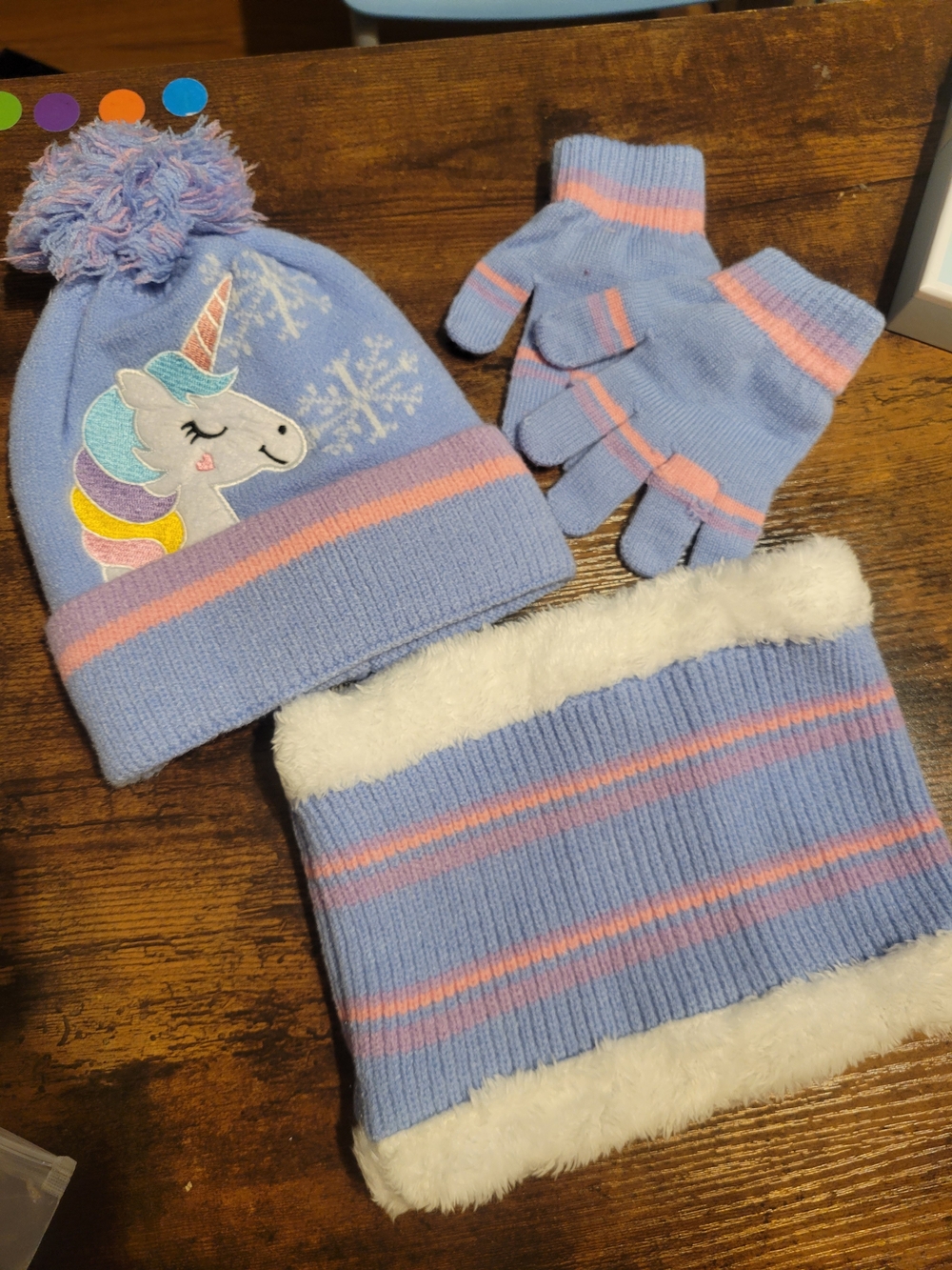 Kids Unicorn Beanie, Gloves & Neck Warmer Set - Light Purple with Pink Stripes